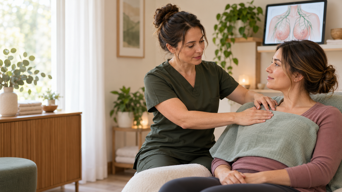 Massage therapist providing gentle, respectful and professionally draped post-natal chest-area care.