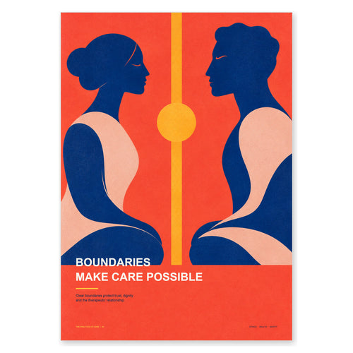 A minimalist art poster featuring two stylized female silhouettes in navy blue and pale pink facing each other, separated by a vertical yellow line and a yellow circle on a coral-orange background. White text at the bottom reads 'BOUNDARIES MAKE CARE POSSIBLE'.