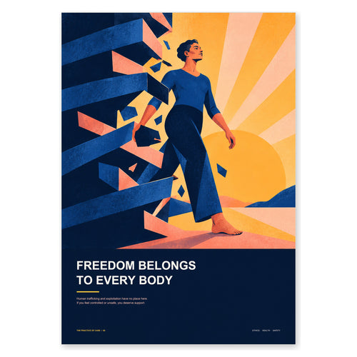 A stylized poster print featuring an illustrated person walking forward through geometric barriers, with a large yellow sunburst and the text 'FREEDOM BELONGS TO EVERY BODY' on a dark navy background.