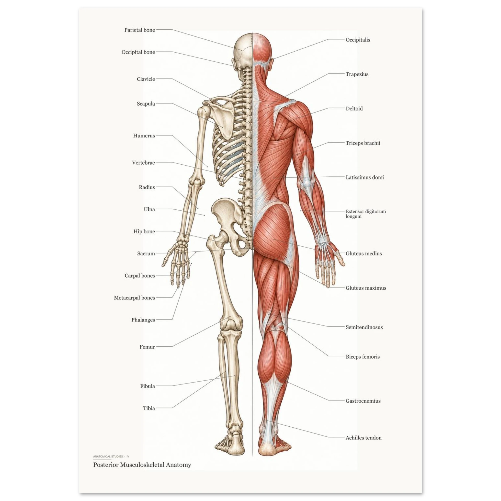 A labelled posterior anatomy study bringing the skeletal and muscular systems together in one striking composition.
