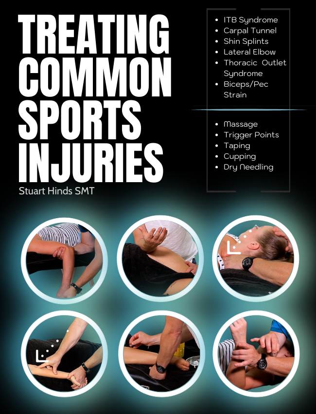 Images of a sports massage therapist treating various upper and lower limb injuries