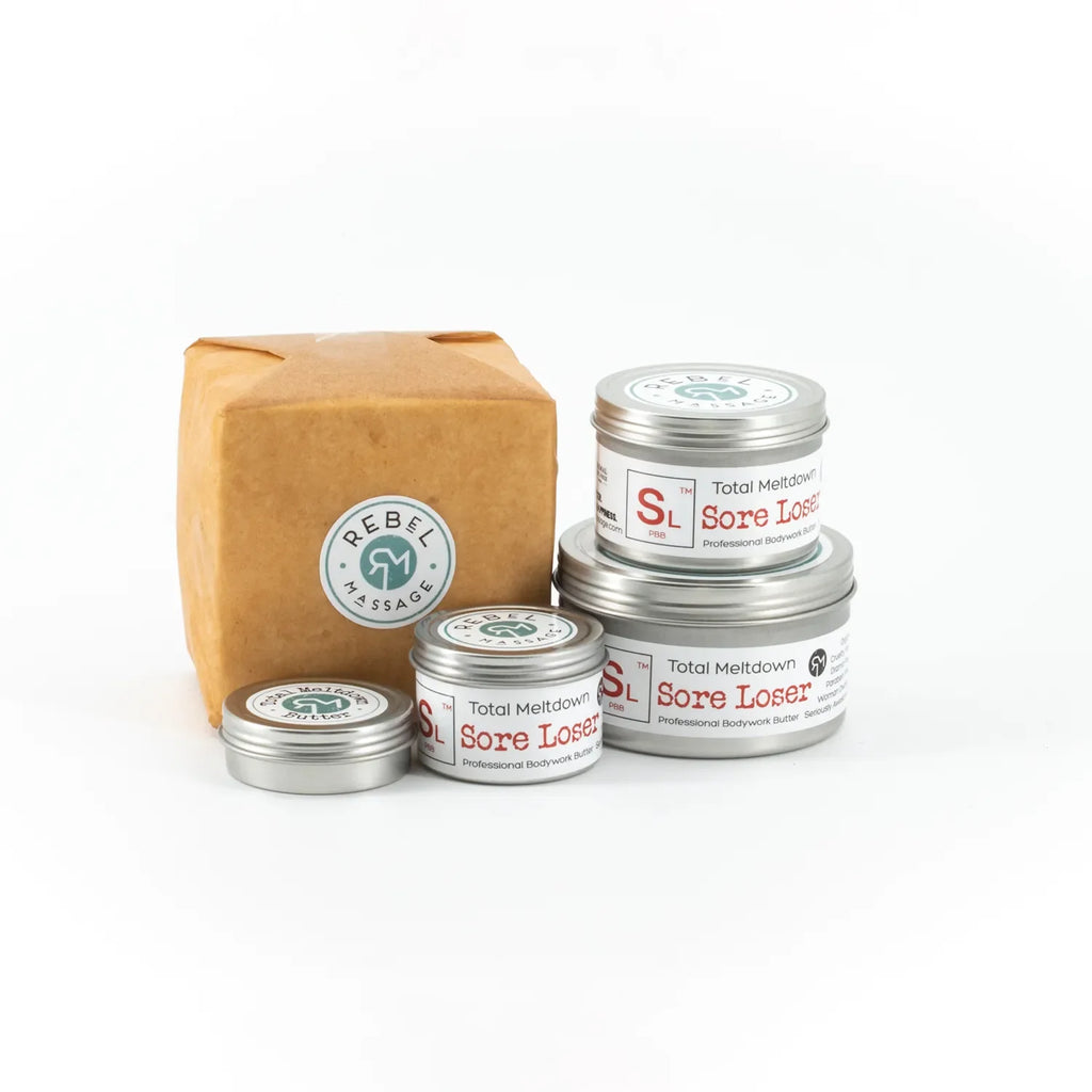 Five small metal containers labeled 'Sore Loser' with a cardboard box branded 'Rebel Message' on a white background.