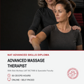 Promotional graphic for the NAT Advanced Skills Diploma in Advanced Massage Therapist, featuring a photo of a therapist massaging a client's arm against a dark background, with text detailing course information below.