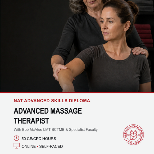 Promotional graphic for the NAT Advanced Skills Diploma in Advanced Massage Therapist, featuring a photo of a therapist massaging a client's arm against a dark background, with text detailing course information below.