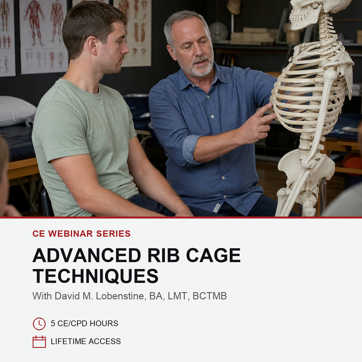 A webinar promotional graphic for 'Advanced Rib Cage Techniques' featuring a photo of a veterinarian and a trainer discussing rib cage techniques next to a bone model. Text overlays specify 'With David M.