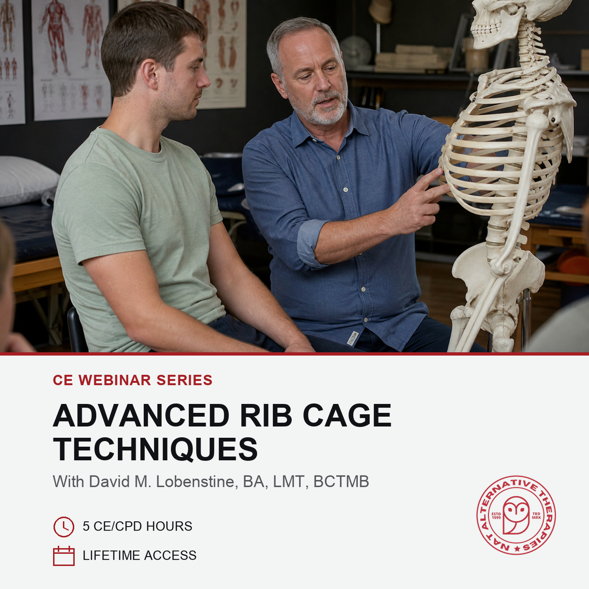A webinar promotional graphic for 'Advanced Rib Cage Techniques' featuring a photo of a veterinarian and a trainer discussing rib cage techniques next to a bone model. Text overlays specify 'With David M.