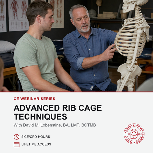 A webinar promotional graphic for 'Advanced Rib Cage Techniques' featuring a photo of a veterinarian and a trainer discussing rib cage techniques next to a bone model. Text overlays specify 'With David M.