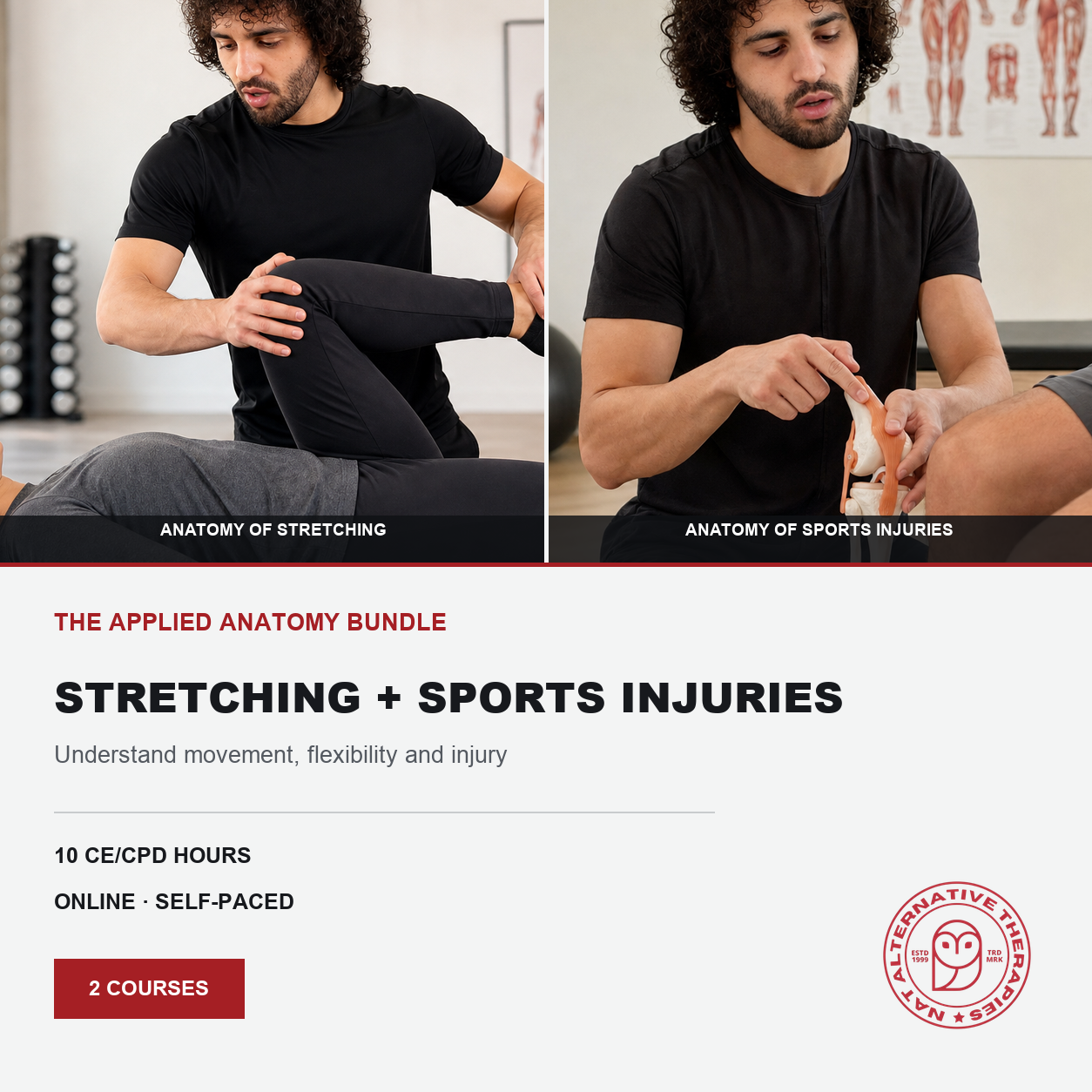 Promotional graphic for an online course titled 'Stretching + Sports Injuries' from The Applied Anatomy Bundle. The top half features two side-by-side photos of a man in a black t-shirt performing stretching and sports injury assessments in a gym setting.