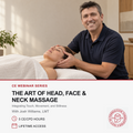 Promotional graphic for a CE webinar series titled 'The Art of Head, Face & Neck Massage' featuring a smiling massage therapist massaging a woman's head and neck on a treatment table. The lower portion contains event details and the Alternative Fitness Network logo.