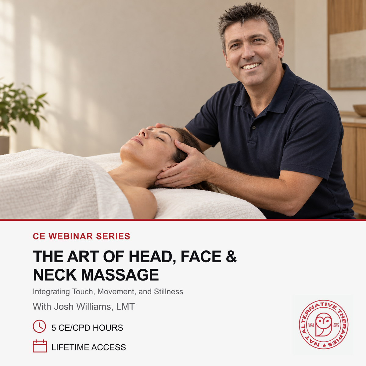 Promotional graphic for a CE webinar series titled 'The Art of Head, Face & Neck Massage' featuring a smiling massage therapist massaging a woman's head and neck on a treatment table. The lower portion contains event details and the Alternative Fitness Network logo.