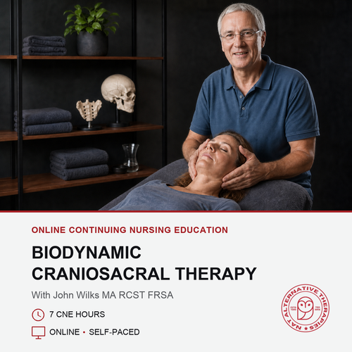 Promotional graphic for an online continuing nursing education course titled 'Biodynamic Craniosacral Therapy' with John Wilks MA RCST FRSA. The top half shows a man in a blue polo shirt massaging a woman's head and neck on a treatment table in a dimly lit room with shelves containing folded towels, a skull, and anatomical models.