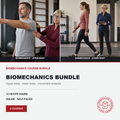 Promotional card promoting an online course Biomechanics and Movement for massage and manual therapists. Includes images of Phiilipa Butler working with patients to assess biomechanics.