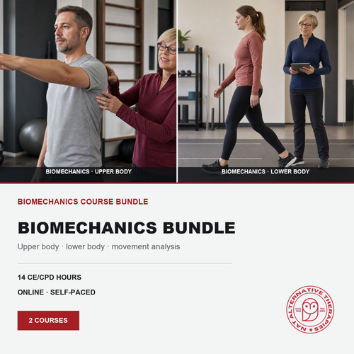 Promotional card promoting an online course Biomechanics and Movement for massage and manual therapists. Includes images of Phiilipa Butler working with patients to assess biomechanics.