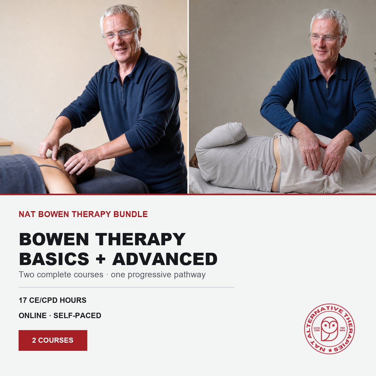 Promotional image for online Bowen Therapy course showing John Wilks performing gentle Bowen techniques on patient.
