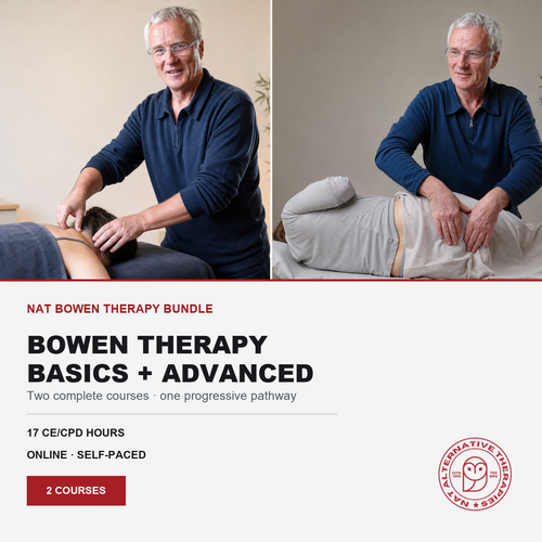 Promotional image for online Bowen Therapy course showing John Wilks performing gentle Bowen techniques on patient.