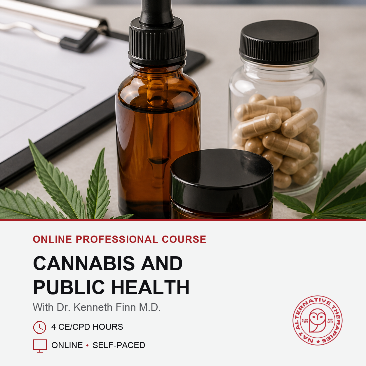 Promotional graphic for an online course titled 'Cannabis and Public Health' with Dr. Kenneth Finn M.