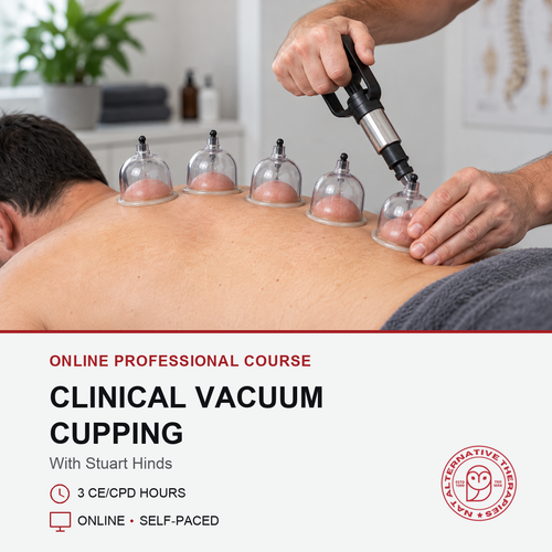 A person lying on their back while another person applies several clear glass vacuum cups to the back. Text at the bottom reads 'ONLINE PROFESSIONAL COURSE CLINICAL VACUUM CUPPING With Stuart Hinds' and includes course details, with a circular 'Certificate of Completion' seal in the lower right.