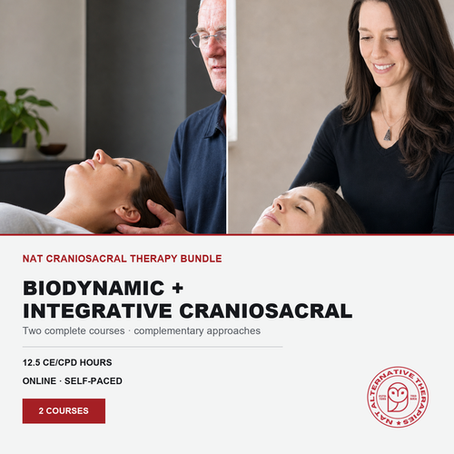 Promotional graphic for a Nat Craniosacral Therapy Bundle, featuring a split-screen photo of a therapist performing a craniosacral session with a man and a woman, with text detailing the bundle's offerings below.