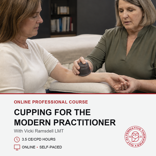 Promotional graphic for an online professional course titled 'Cupping for the Modern Practitioner' with Vicki Ramsdell LMT. The top portion shows a lifestyle image of a cupping therapist in an olive green shirt applying a dark gray cupping tool to a client's arm in a home setting.