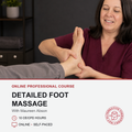 Promotional graphic for an online professional course on detailed foot massage with Maureen Abson. The top half shows a smiling woman in a burgundy scrub top massaging a person's foot.