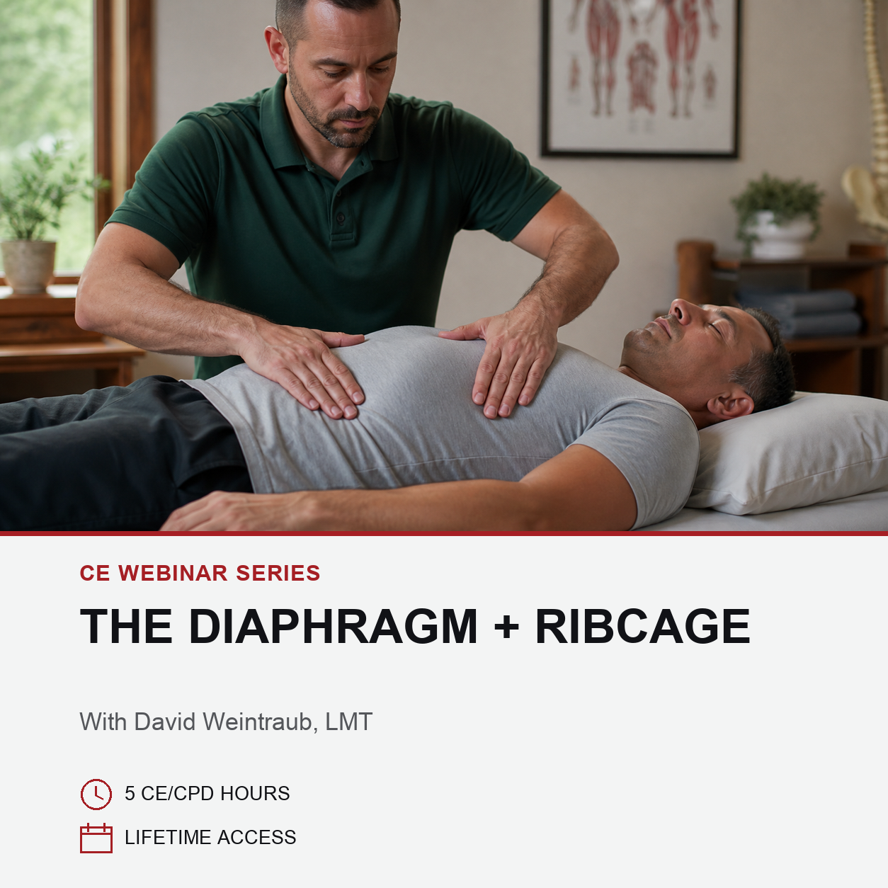A man in a green polo shirt performs a thoracic massage on another man lying down on a treatment table, with promotional text below reading 'CE WEBINAR SERIES THE DIAPHRAGM + RIBCAGE' and 'With David Weintraub, LMT'.
