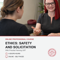 Promotional graphic for an online professional course titled 'ETHICS: SAFETY AND SOLICITING' featuring a photo of two women talking in an office setting, with text details and the 'Diploma for Social Workers' logo on a white background.