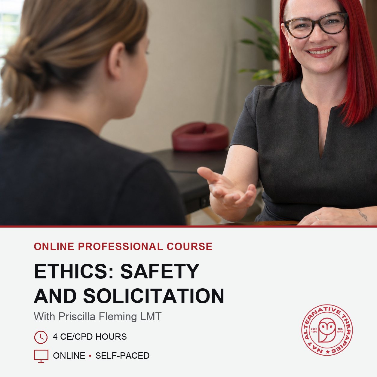 Promotional graphic for an online professional course titled 'ETHICS: SAFETY AND SOLICITING' featuring a photo of two women talking in an office setting, with text details and the 'Diploma for Social Workers' logo on a white background.