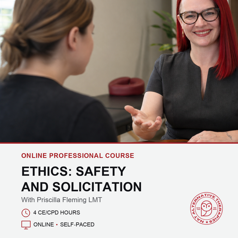 Promotional graphic for an online professional course titled 'ETHICS: SAFETY AND SOLICITING' featuring a photo of two women talking in an office setting, with text details and the 'Diploma for Social Workers' logo on a white background.