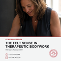 Promotional graphic for a CE webinar series featuring a woman in a dark sleeveless top looking down, with text reading 'The Felt Sense in Therapeutic Bodywork' and details including 'With Lara Kolesar, LMT', '5 CE/CPD HOURS', and 'LIFETIME ACCESS'. A red circular logo for Alternative View Bodywork is shown on the lower right.