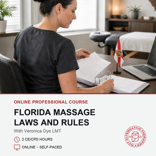 Promotional graphic for an online professional course titled 'Florida Massage Laws and Rules' with Veronica Dye LMT. The top portion shows a woman in a black shirt sitting at a desk in a massage office, looking at paperwork next to a small Florida state flag and a laptop.