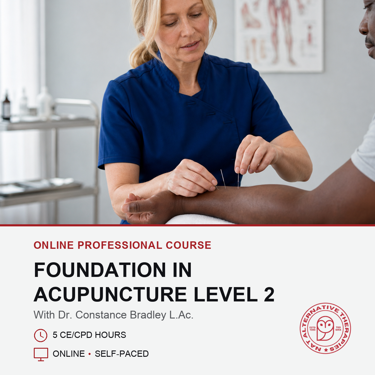 Promotional graphic for an online professional course titled 'Foundation in Acupuncture Level 2' with Dr. Constance Bradley L.