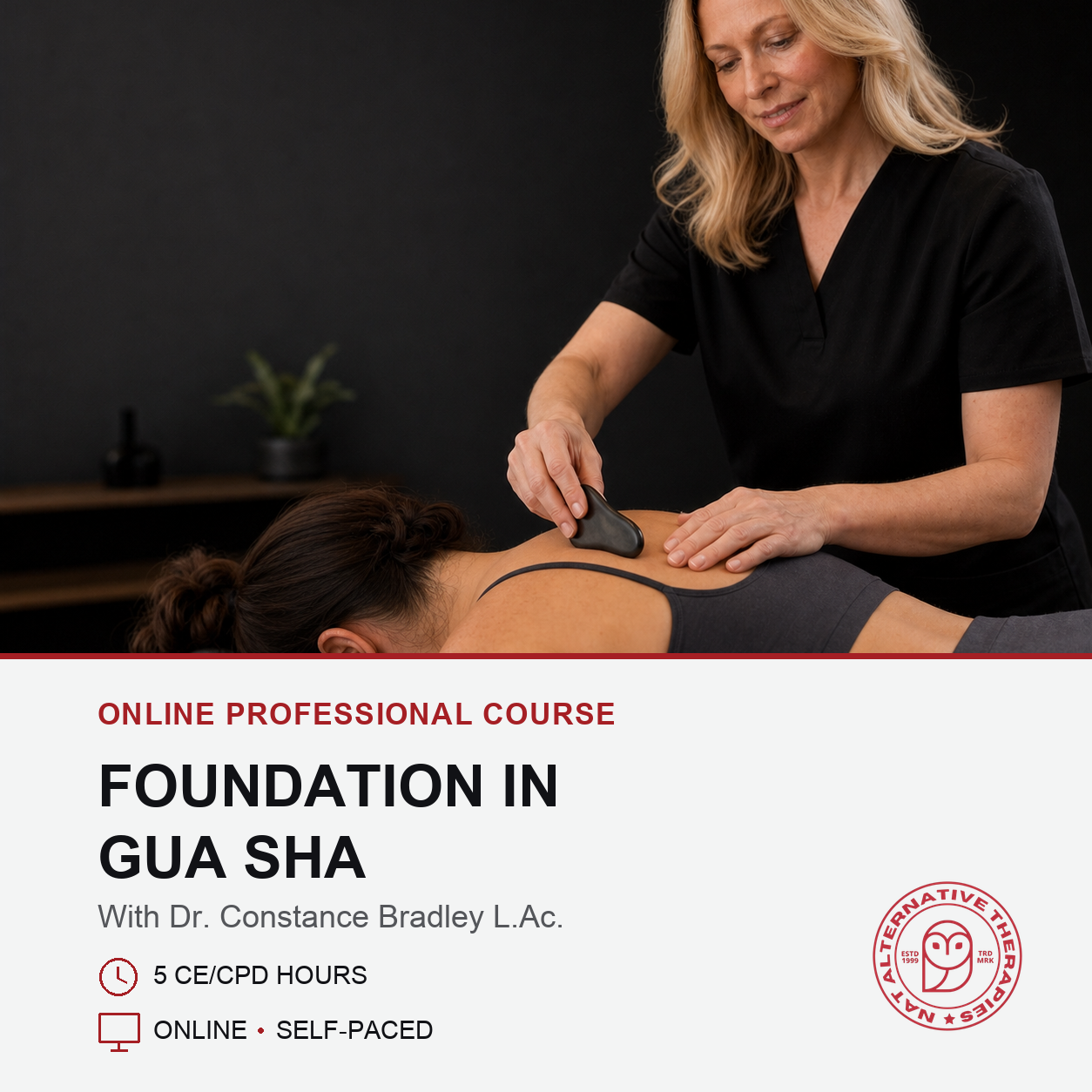 Promotional graphic for an online professional course on Gua Sha massage, featuring a photo of a therapist performing the technique on a client's upper back, with text detailing course information and a logo for 'Sensational Health & Wellness'.