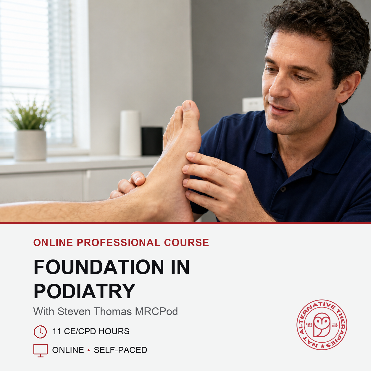 Promotional graphic for an online podiatry course featuring a podiatrist examining a person's foot, with text reading 'Foundation in Podiatry' and course details on a white lower section.