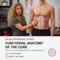 Promotional graphic for an online professional course titled 'Functional Anatomy of the Core' featuring a real-world scene of a physical therapist examining a male client's abdominal muscles, with course details listed below on a white background.
