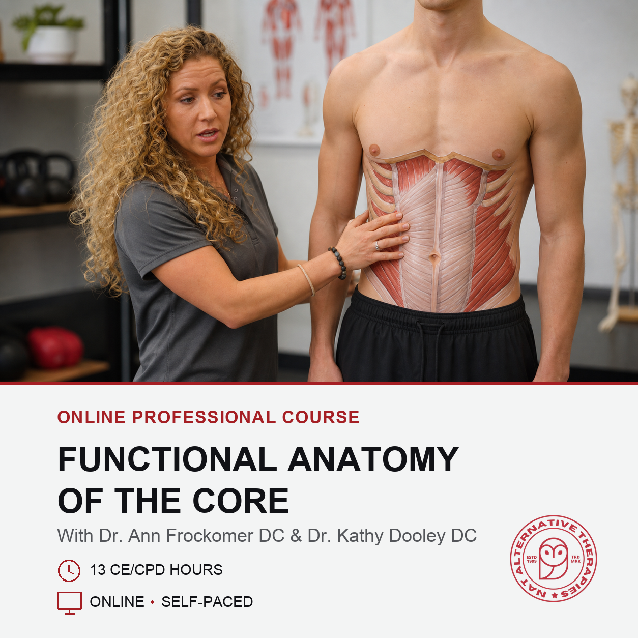 Promotional graphic for an online professional course titled 'Functional Anatomy of the Core' featuring a real-world scene of a physical therapist examining a male client's abdominal muscles, with course details listed below on a white background.