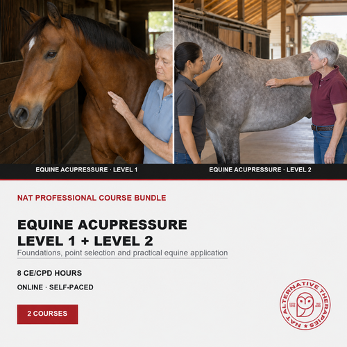 Promotional graphic for a Nat Professional Course Bundle on Equine Acupressure, showing two side-by-side photos: Level 1 with a brown horse and Level 2 with a gray horse, with course details below on a white background.