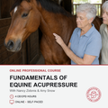 Promotional graphic for an online professional course titled 'Fundamentals of Equine Acupressure' with Nancy Zidonis & Amy Snow. The top portion shows a brown horse with two women touching its neck in a barn setting.