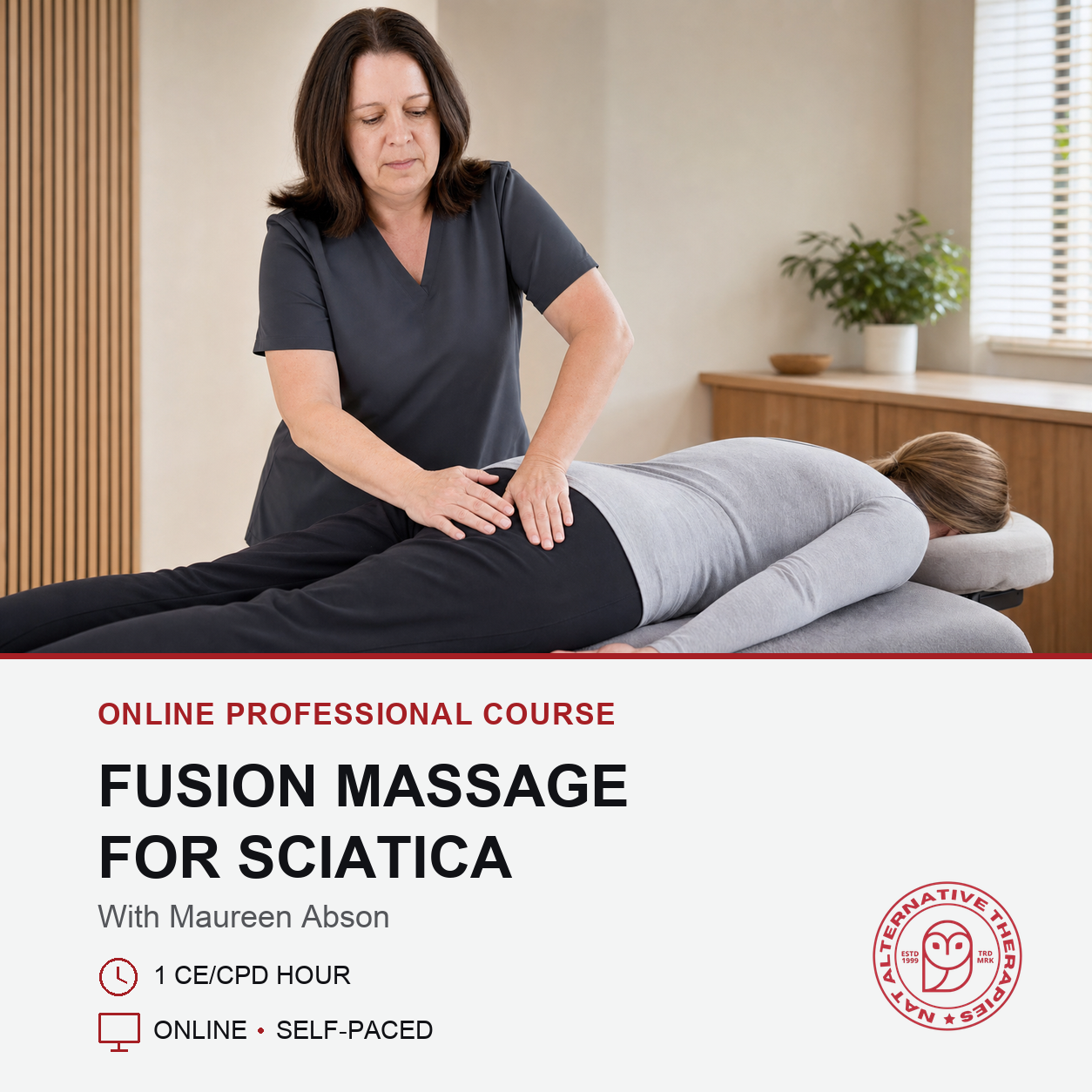 Promotional image for Fusion Massage for Sciatica course showing Maqureen Abson treating patients gluteal muscles