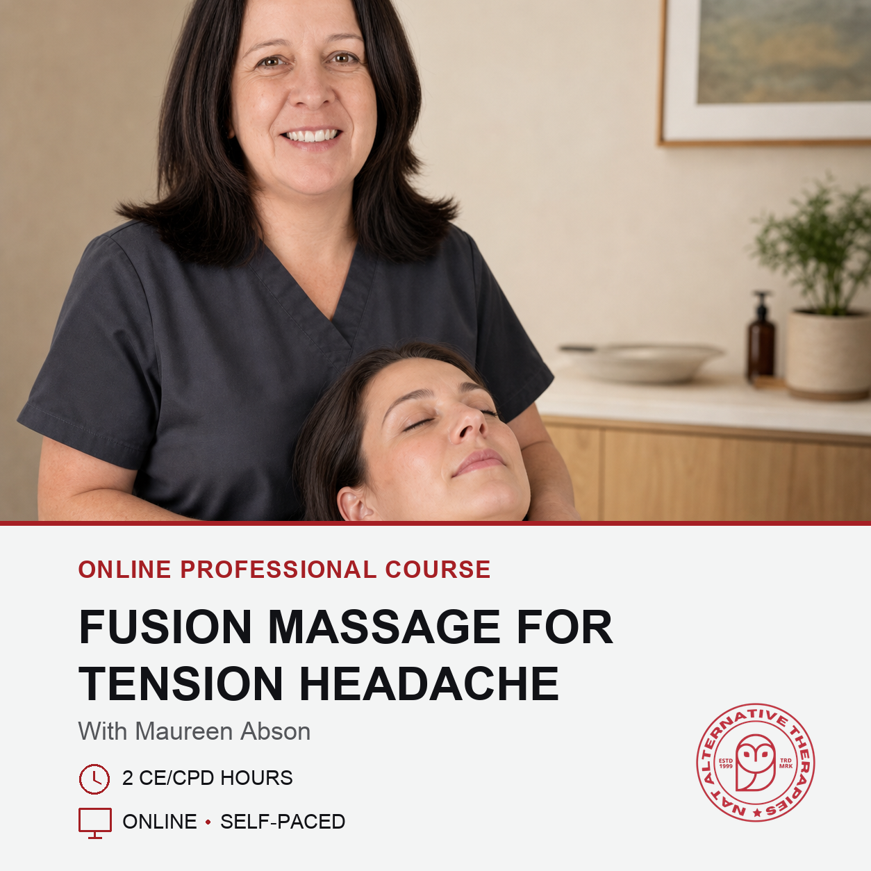 Promotional graphic for an online professional course titled 'Fusion Massage for Tension Headache' with Maureen Abson. The top portion shows a smiling massage therapist in dark gray scrubs massaging a woman with her eyes closed in a softly lit massage room.