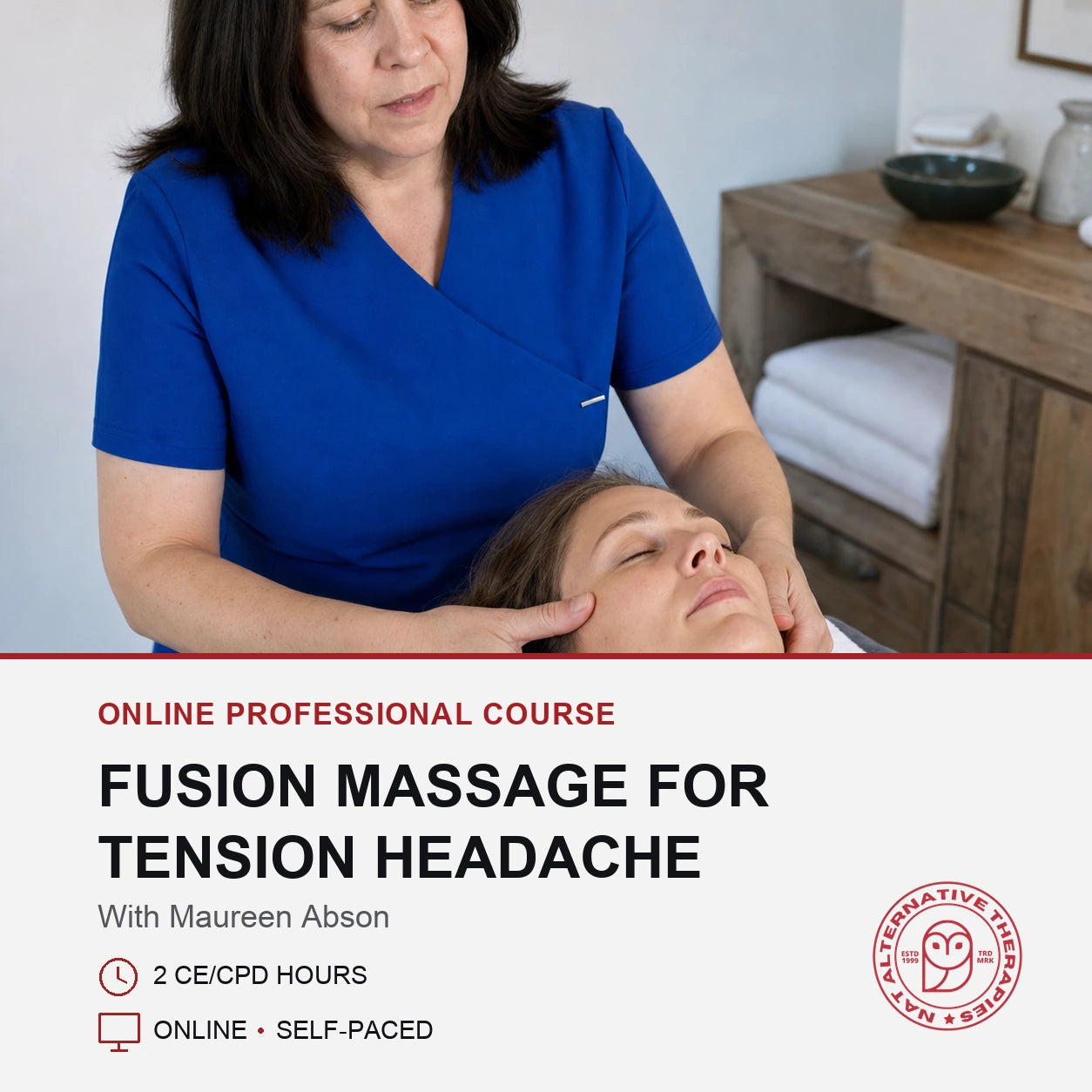 Promotional graphic for an online professional course titled 'Fusion Massage for Tension Headache' with Maureen Abon. The top half shows a massage therapist in a blue scrub top massaging a woman's face in a spa-like setting.