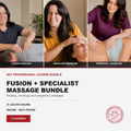 Promotional graphic for a Nat Professional Course Bundle featuring three photos of massage therapists performing healing, oncology, and pregnancy massages on clients. The lower section contains text detailing the 'Fusion + Specialist Massage Bundle' and a course logo for 'Alternative Healing School & Academy'.