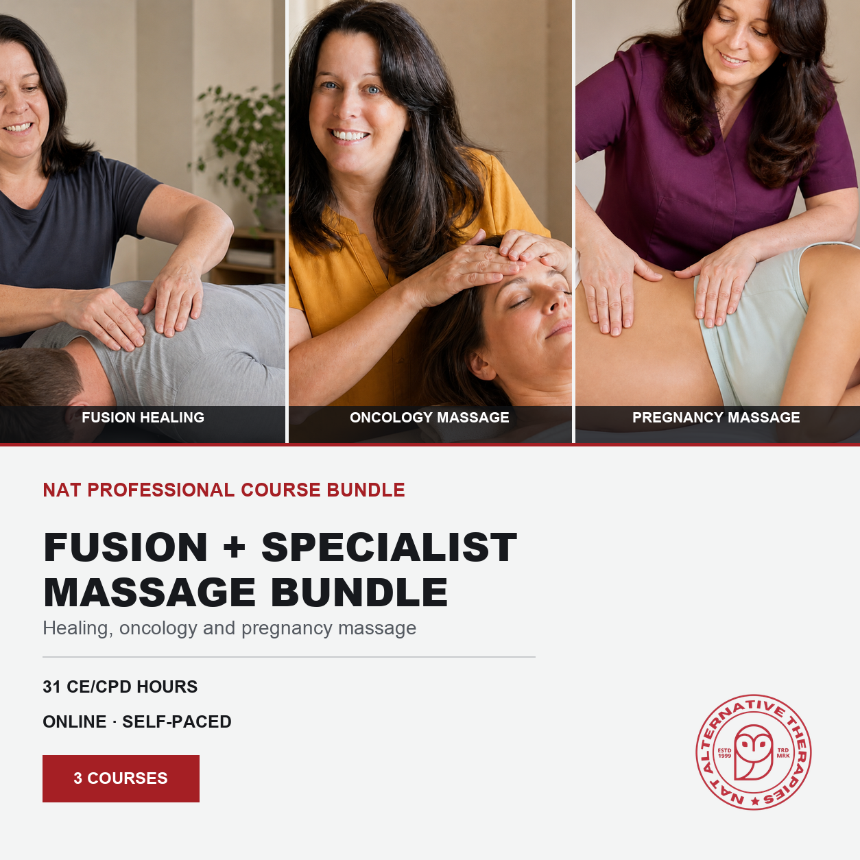 Promotional graphic for a Nat Professional Course Bundle featuring three photos of massage therapists performing healing, oncology, and pregnancy massages on clients. The lower section contains text detailing the 'Fusion + Specialist Massage Bundle' and a course logo for 'Alternative Healing School & Academy'.