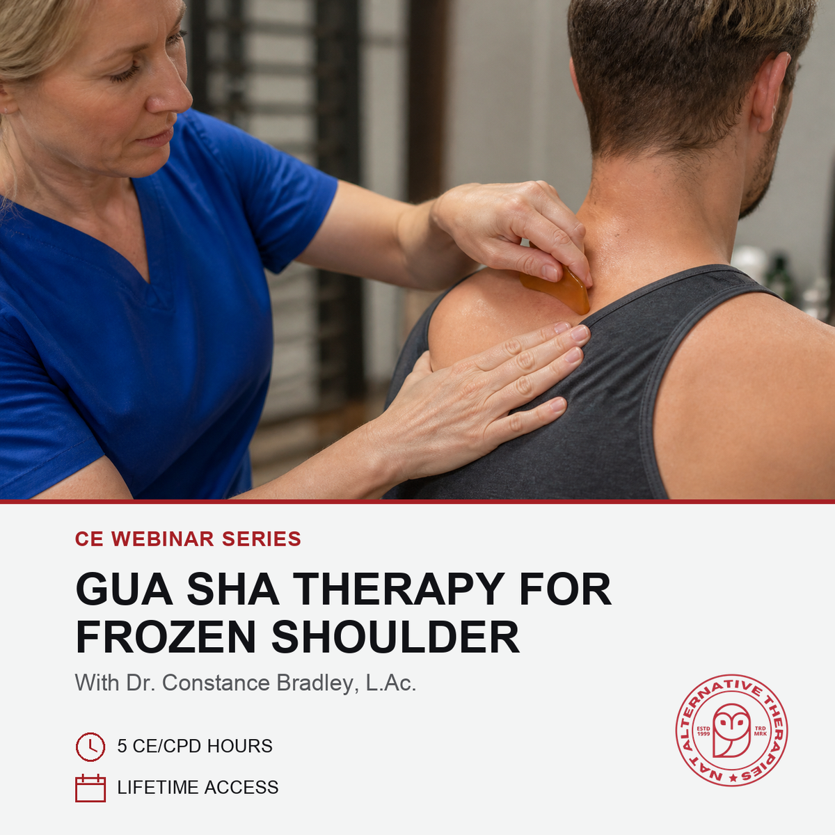 A woman in a blue scrub top applies gua sha massage strips to a man's shoulder and neck during a webinar series on gua sha therapy for frozen shoulder. The graphic includes text detailing the course information and a logo for Alternative Healing Skin & Hair Studio.