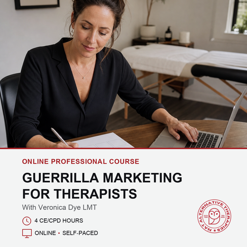 Promotional graphic for an online professional course titled 'Guerrilla Marketing for Therapists' with Veronica Dye LMT. The top half shows a woman in a black blazer working at a desk with a laptop in a therapy office setting.