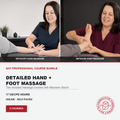 Promotional graphic for a Naturopathic Therapist certificate course bundle titled 'Detailed Hand + Foot Massage' by Maureen Abson, featuring two photos of massage demonstrations on a light gray background with course details and branding.