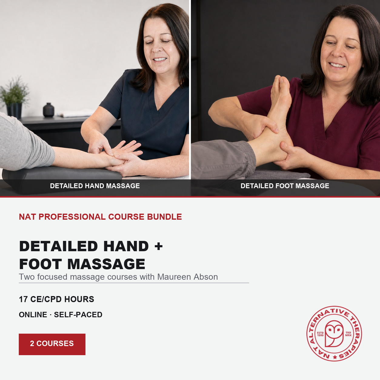 Promotional graphic for a Naturopathic Therapist certificate course bundle titled 'Detailed Hand + Foot Massage' by Maureen Abson, featuring two photos of massage demonstrations on a light gray background with course details and branding.