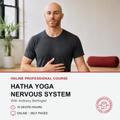 A promotional graphic for an online course featuring a bald man in a dark gray t-shirt standing in a yoga pose with his hand on his stomach. The background shows a minimalist room with a plant and a red yoga bolster.