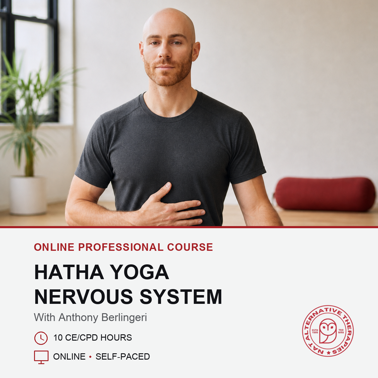 A promotional graphic for an online course featuring a bald man in a dark gray t-shirt standing in a yoga pose with his hand on his stomach. The background shows a minimalist room with a plant and a red yoga bolster.