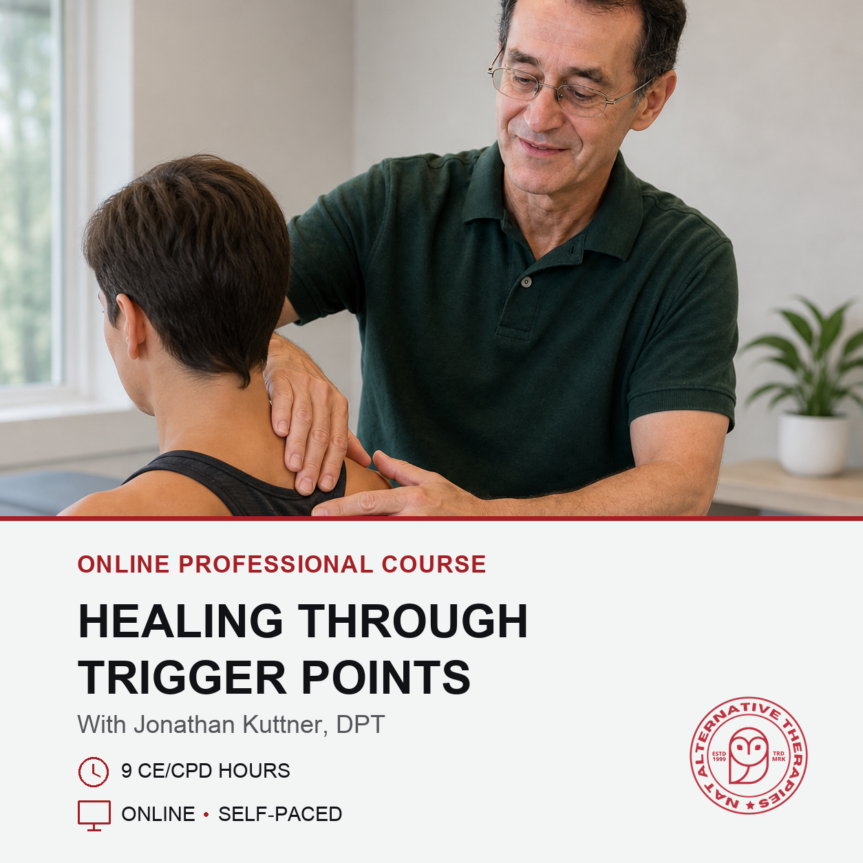 Promotional graphic for an online professional course titled 'Healing Through Trigger Points' featuring a photo of a therapist massaging a client's neck, with course details and the 'Creative Pain Relief' logo on a white background.