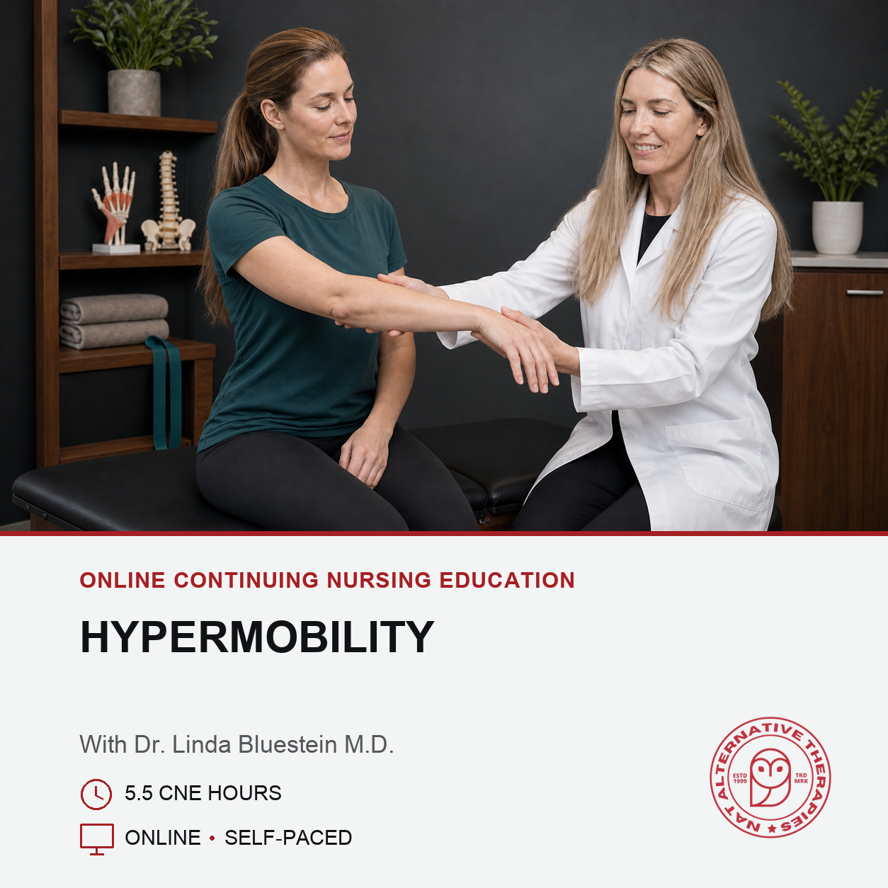 Promotional graphic for an online continuing nursing education course titled 'HYPERMOBILITY' with Dr. Linda Bluestein M.